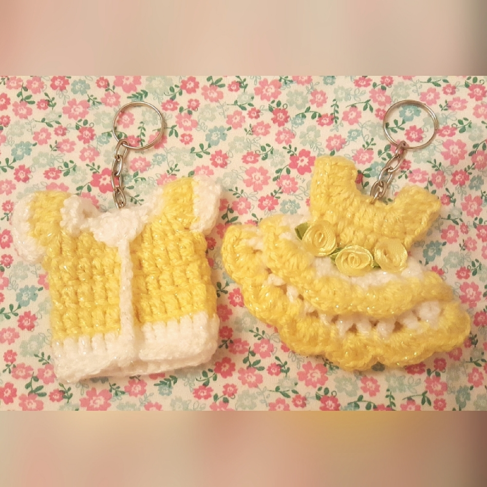 Set of 2 Cute Handmade knitted yellow floral rose dress & shirt Keychains. - Picture 2 of 3